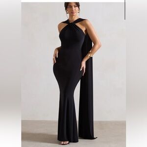 Club L London First Glance Black Twist-Neck Cape Maxi Dress Black WORN ONCE ONLY